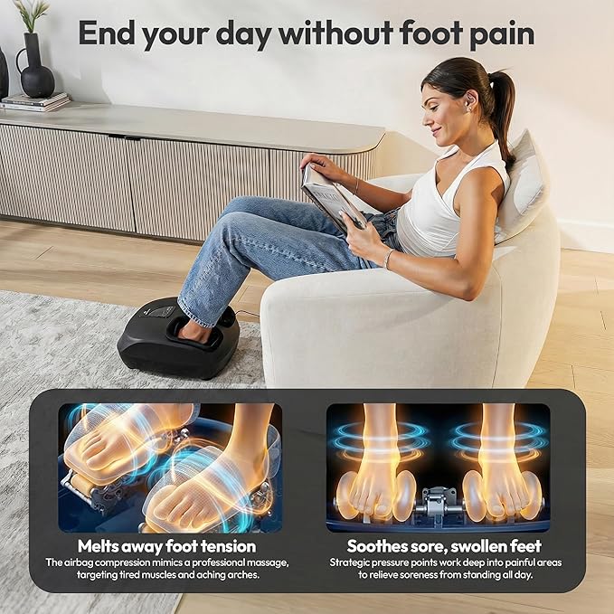 Shiatsu Foot Massager with Heat & Deep Kneading - Relieves Plantar Fasciitis, Neuropathy & Foot Fatigue - Features Adjustable Heat & 3 Compression Setting - Fits Up to Men’s Size 14