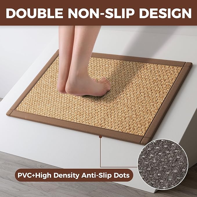 Kitchen Rugs Mat Non Slip Washable, 0.4" Thick Anti Fatigue Cushioned Kitchen Mats for Floor, Absorbent Jute-Look Kitchen Runner Rug Sink Mat Laundry Standing Mats, Easy Clean, Brown 17"x47"