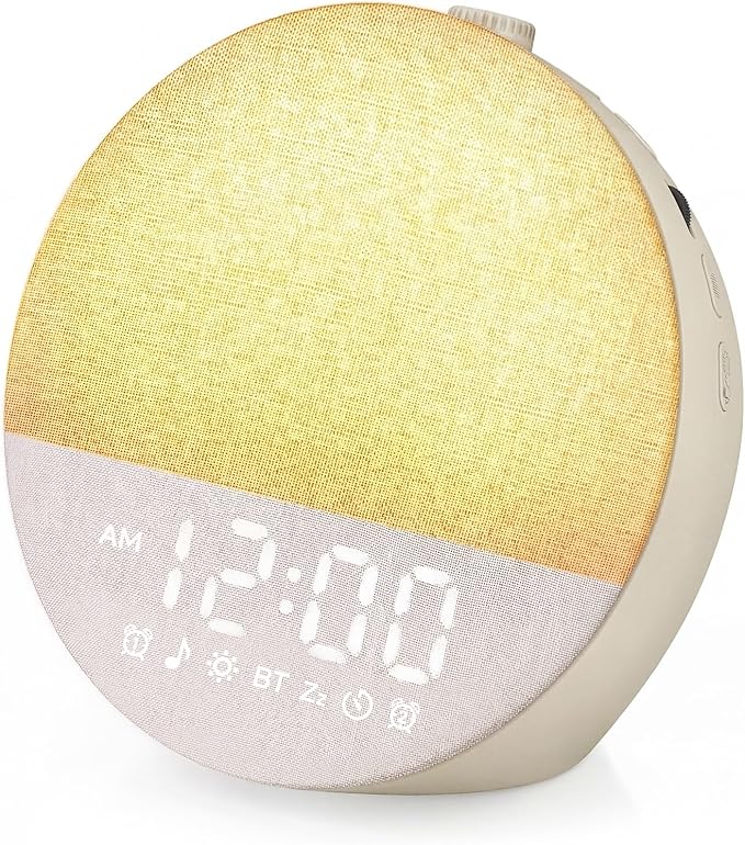 Sunrise Alarm Clock White Noise Machine | Natural Wake-Up Light for Bedroom with 30 Soothing Sleep Aids, Bluetooth Speaker, Dimmable Clock, Screen-Free Design for Baby Adults Kids-Khaki