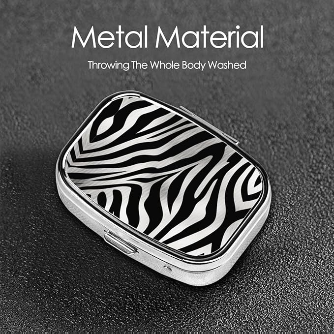 Square Pill Box 2 Compartment Medicine Pill Case Zebra Print Pill Box for Purse Pocket Waterproof Metal Pill Container Portable Pill Holder Mini Pill Organizer for Travel or Daily