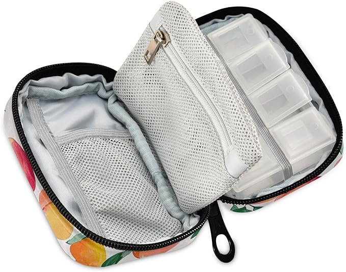Travel Pill Case Peach with Leaf Weekly Small Pill Box 7 Day Pill Box Pill Organizer Bag