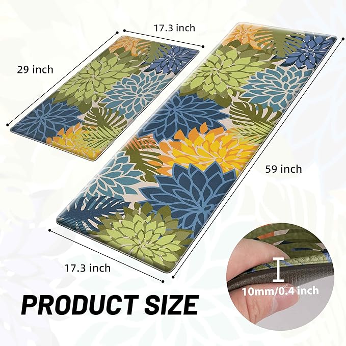 Kitchen Mats for Floor 2 Piece Cushioned Anti Fatigue Kitchen Mats Waterproof Non Slip Kitchen Mat Rug Set Comfort Foam Standing Mat for Sink, Laundry, Office, Yellow Green