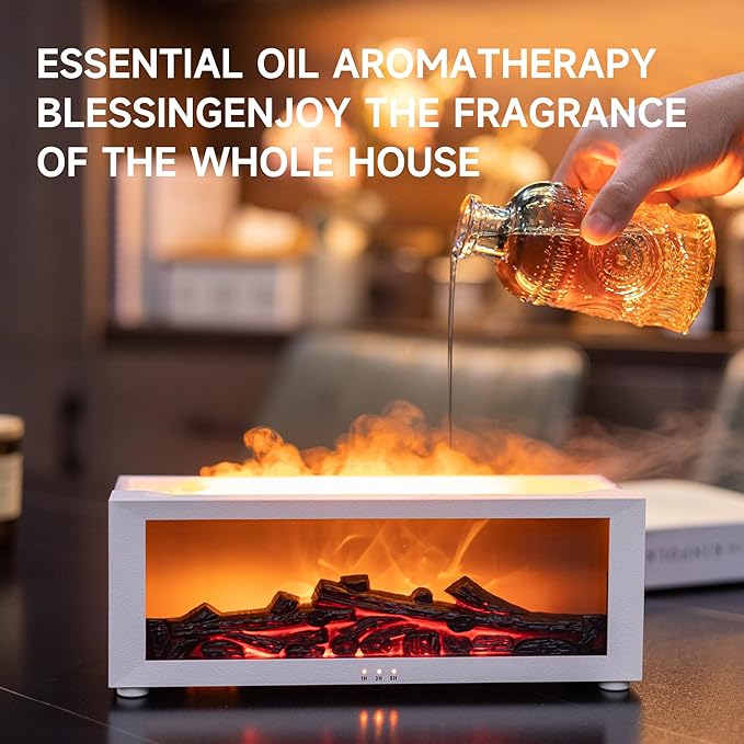 Fireplace Flame Air Diffuser Humidifier,7 Colors Aromatherapy Essential Oil Diffuser,Ultrasonic Aroma Humidifier with Timer for Home,Bedroom,Office,Yoga (White, L)