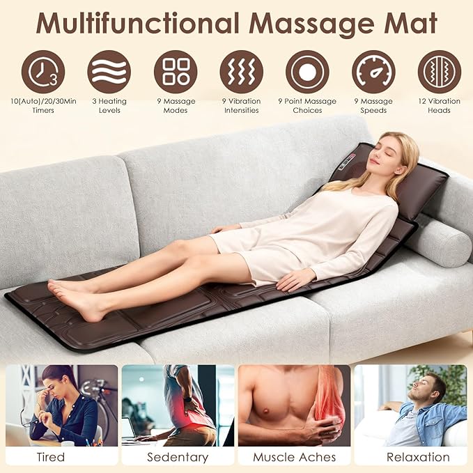 Full Body Electric Massage Mat with Heat, Vibration Back Massage Pad Cushion with Inflatable Head Pillow and Lumbar Pillow, 10 Vibration Motors 3 Timers (72x21 with Neck Massager(PU))