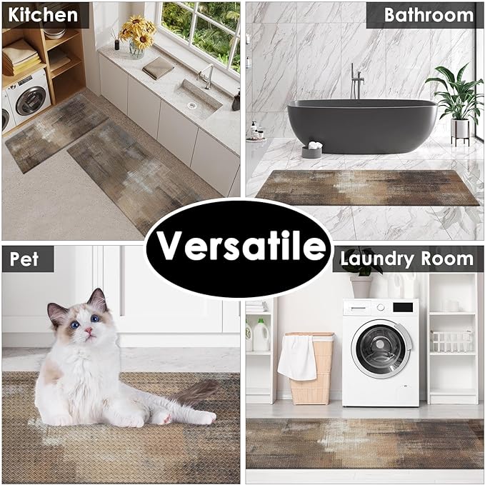 Anti-Fatigue Brown Grey Kitchen Rug Set of 2 Cushioned Abstract Rug for Floor, Art Standing Mat Waterproof Non-Slip Mat PVC Ergonomic Comfort Foam Kitchen Decor