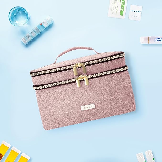 Medicine Storage Bag Pill Bottle Organizer with Portable Small Pouch Travel Medication Bottle Organizer for Emergency Home First Aid Box Kit (Pink)
