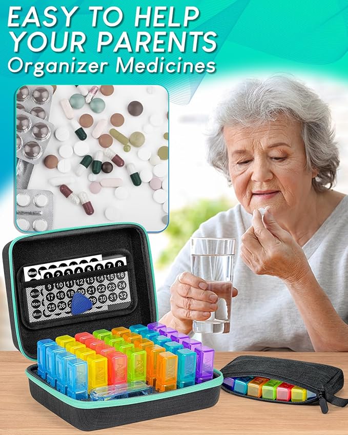 Monthly Pill Organizer 2 Times a Day, with Portable Hard Shell, Pill Cutter, 31-Day Box, Plastic Opening Pick, Monthly & Weekly Stickers, Convenient Medication Management (Black, 2 Times a Day)