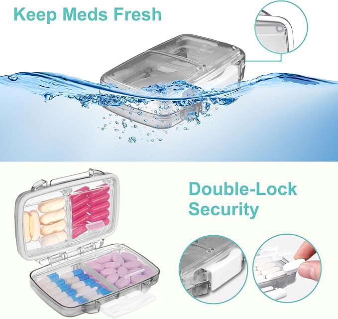 Fullicon Travel Pill Organizer, 4 Compartments Portable Pill Case, Moisture Proof Small Pill Box with Labels, Travel Pill Case with Double Lock, Pocket Pharmacy for Vitamin D3 & Fish Oil (Grey)