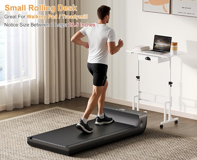 Adjustable Height Standing Desk for Walking Pad Treadmill, Portable Rolling Desk for Laptop with Drawer, Small Moblie Sit to Stand Desk On Wheels with Stiffener for Home Office Dorm Bedroom