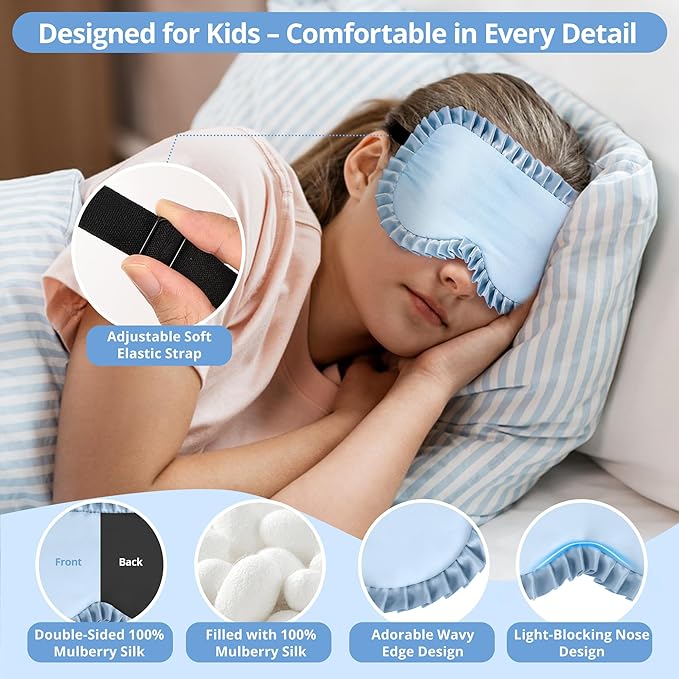 Kids Sleep Mask, 100% Real Mulberry Silk Eye Mask, Sleeping Mask for Kids with Adjustable Elastic Band, Soft & Light Blocking Eye Cover Gift for Boys Girls Teens Age 5+ (Blue)