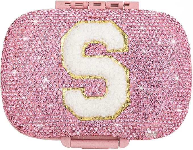 Cute Pill Organizer Small Bling Pill Case for Purse Medicine Vitamin Container Holder Daily Pill Box Container for Women Travel Medicine Kit(Letter S Pink)