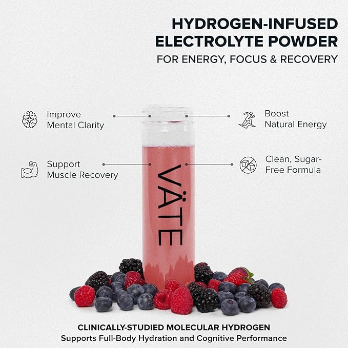 VATE Hydrogen Water + Electrolytes Powder Packets, 8 PPM Molecular Hydrogen + Electrolytes for Hydration, Focus & Recovery,Packets with Magnesium, Potassium, Vitamin C, 30 Count - Berry