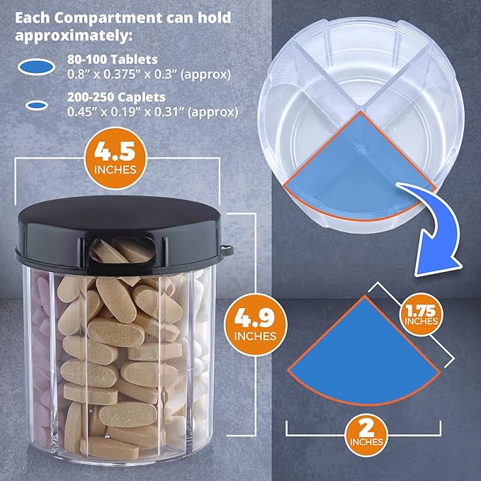 Round Pill Organizer Dispenser - Pack of 2 - Pill Boxes with 4 Compartments for Medication, Vitamins & Supplements Bottle Daily Pill Case Reminder Box, (Black and Clear)