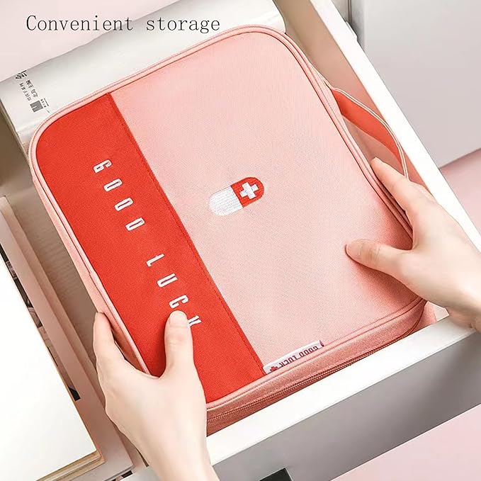 Empty First Aid Bag Travel Medicine Box Organizer Case Medical Supplies Medication Pills Bottle Storage Container Cabinet Holder Pouch Emergency Kit Bag for Traveling Camping Hiking Home Office (Pink)