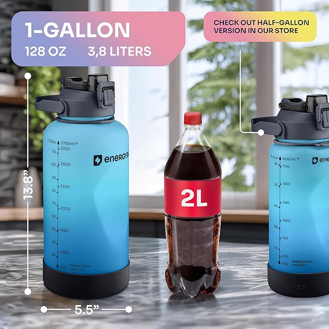 1 Gallon Water Bottle with 128 oz Capacity - Motivational Time Markers for Daily Hydration Goals - Leakproof BPA Free Tritan with Removable Straw
