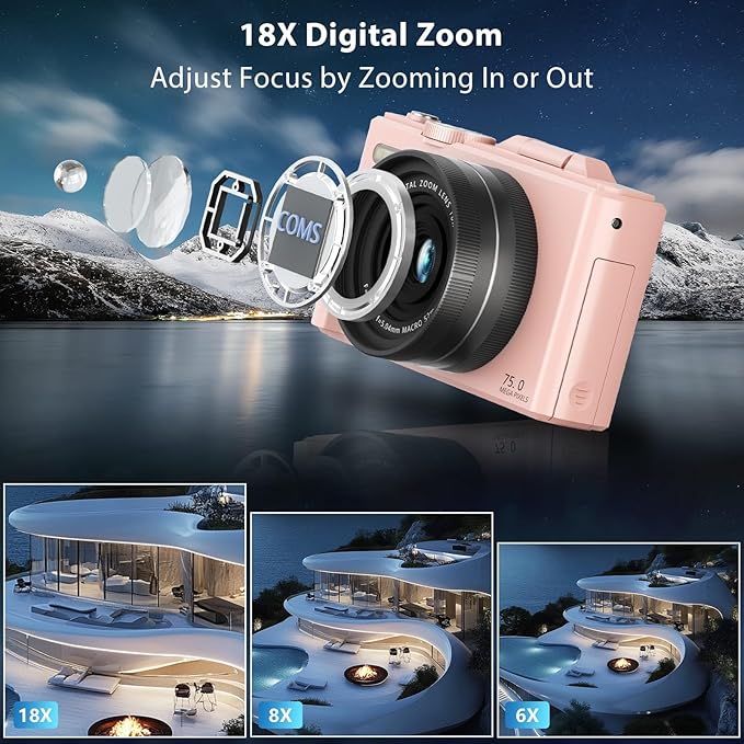 4K/5K Digital Camera for Photography & Video – UHD Vlogging Camera with WiFi, Autofocus, 3" Flip Screen, 18X Zoom – Compact Creator Kit with Lens, Filters & Case (Pink)