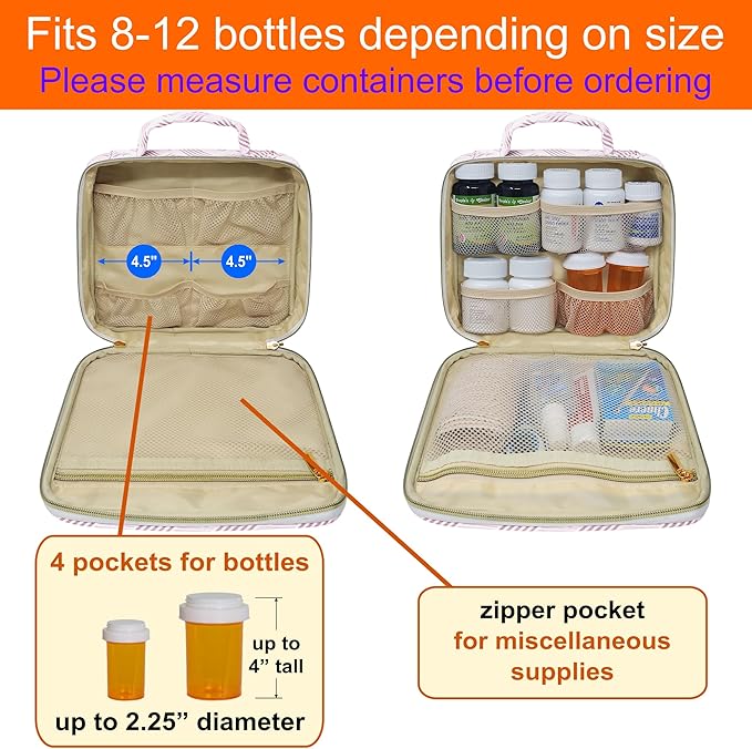 Medium Travel Pill Bottle Organizer, Slim Medicine Bag, Carrier for Medications and Medical Supplies - Jacquard Pink