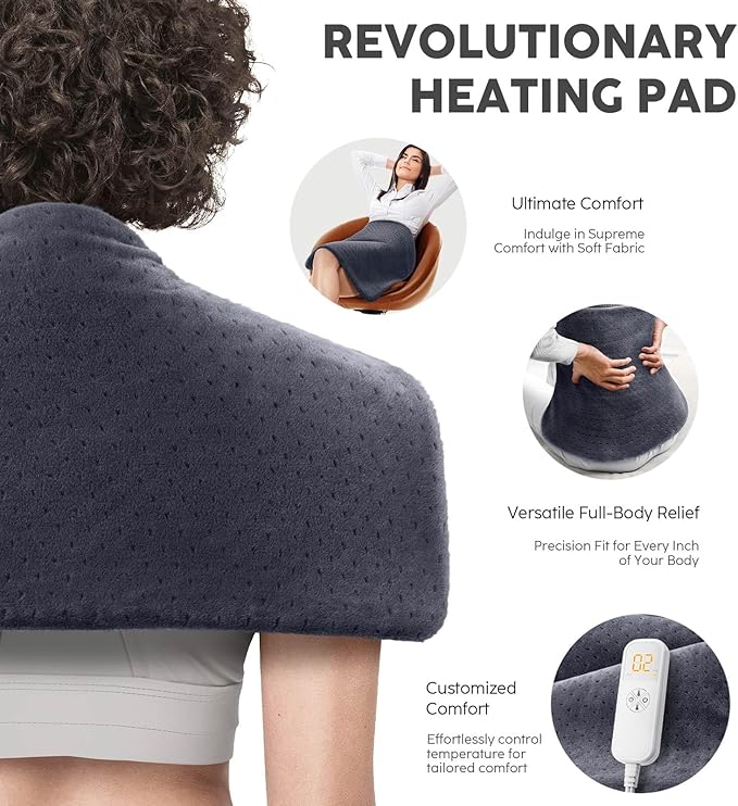 Heating Pad for Back Pain & Cramps, 24"x 20" Electric Heating Pad for Shoulder, Neck, Cramp, Menstrual Pain, Christmas Gifts for Women Men Mom Dad, Auto-Off, Machine Washable, Moist/Dry Heat pad, Gray