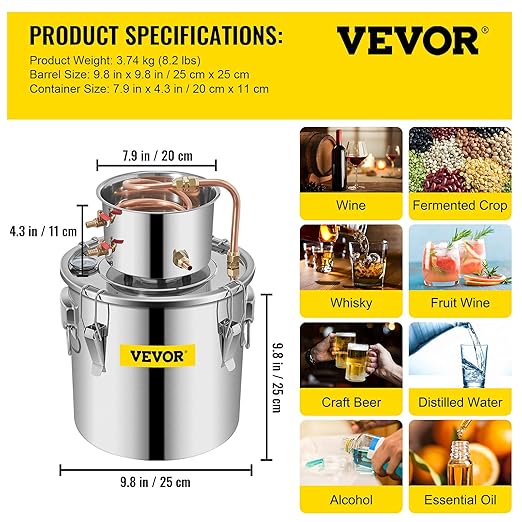VEVOR Alcohol Still 3Gal/12L Alcohol Distiller Stainless Steel Distillery Kit for Alcohol With Copper Tube Home Brewing Kit Build-in Thermometer for DIY Whisky Wine Brandy