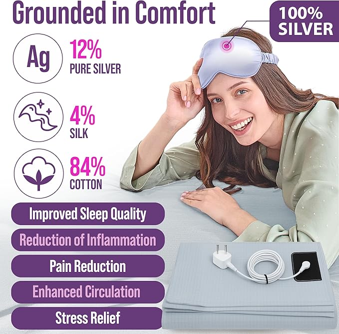 Earth Grounding Sheets Queen Size with 12% Silver Fiber & 4% Silk & 84% Cotton - Cloud Gray - Quality Certified Grounded Well Bed Sheet - Conductive Fitted Sheet for Better Sleep
