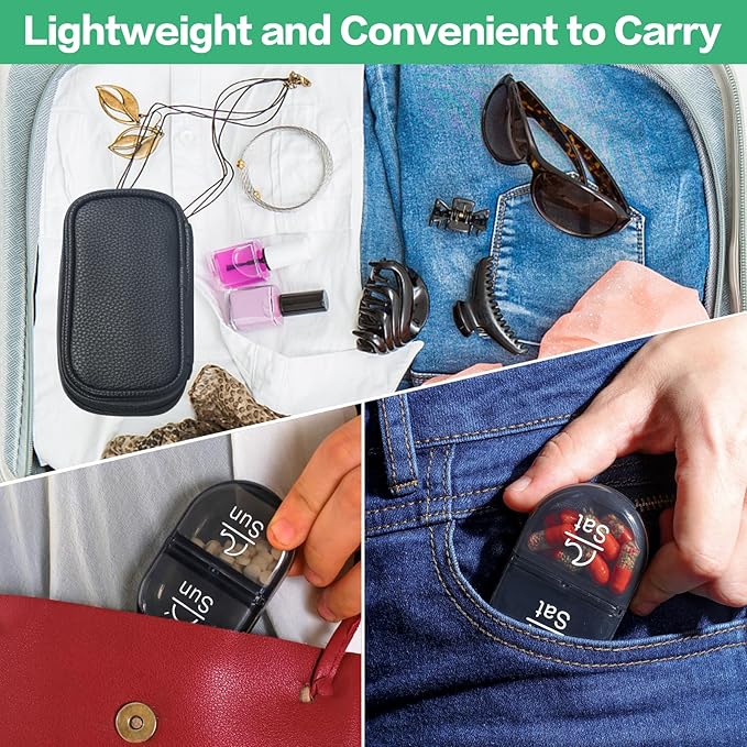 Serfeymi Weekly Travel Pill Organizer 2 Times A Day AM PM Upgraded Black Pill Box 7 Day with Portable Zipper PU Leather Pill Case, Medicine Organizer for Pills, Vitamins, Fish Oils - Black 01