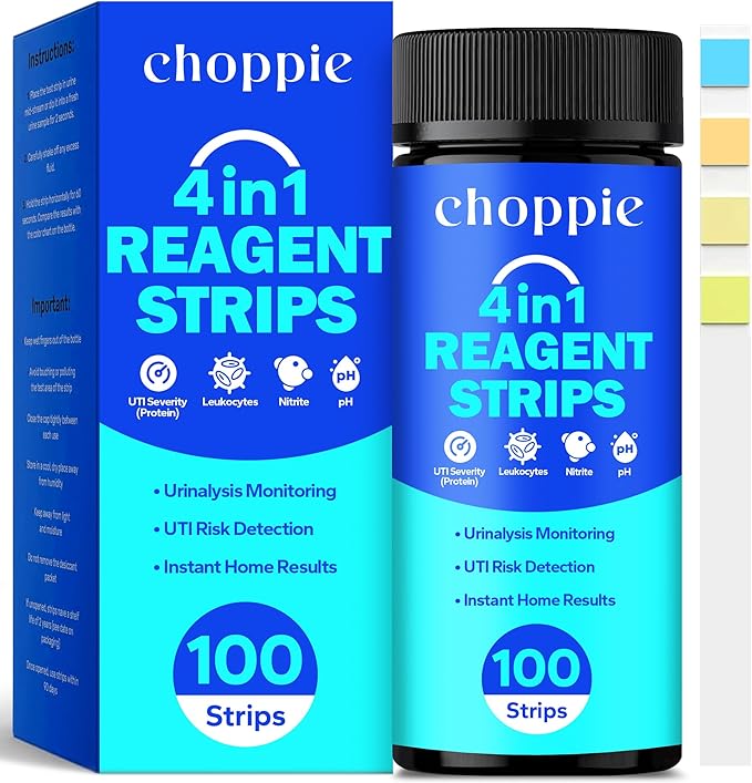 Choppie 4-in-1 Full Panel UTI Test Strips for Women & Men (100 Strips), Test UTI Presence for Home Use, Proneness & Severity, Urine Test Strips for Bladder and Urinary Tract Infection Monitoring