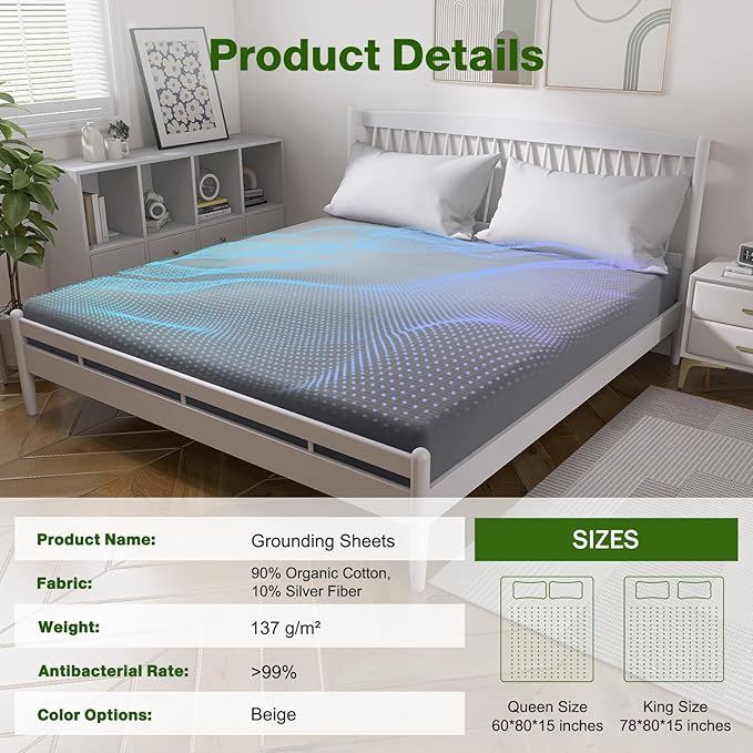 Grounding Sheets Queen Size, Earth Grounded Fitted Bed Sheet with 10% Pure Silver Fiber + 90% Organic Cotton, for Improved Sleep & Wellness (Dark Gray, Queen - 80"x60"x15")