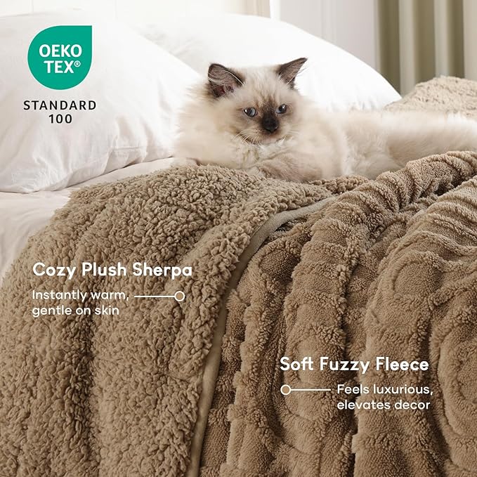Cottonblue Jacquard Weighted Blanket for Adults 20 lbs Queen Size, Cozy Fluffy Sherpa Fleece Weighted Throw Blankets 60" x 80" for Sleep Relax, Fuzzy Warm Arch Heavy Blanket Soft for Bed Couch, Khaki
