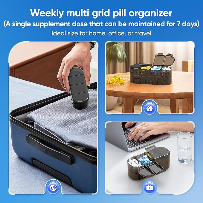 Weekly Pill Organizer Travel, 2/3/4 Times a Day, Double-Sided Opening Design, Portable Pill Box for Storing Fish Oils/Medication/Vitamins/Supplements (2PC Black)