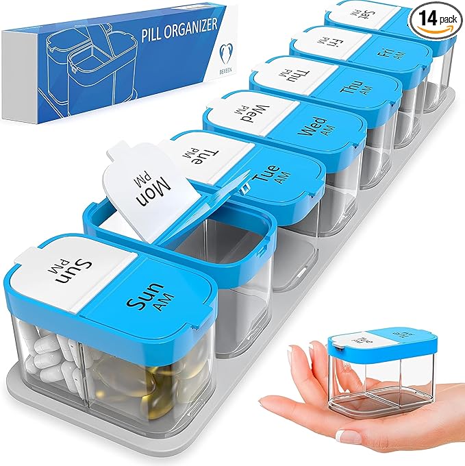 Extra Large Weekly Pill Organizer - XL Vitamin Holder with 7 Detachable AM PM Compartments - Portable Medicine Dispenser for Home and Travel, Big Supplement Container for Weekly or Daily Use, Blue