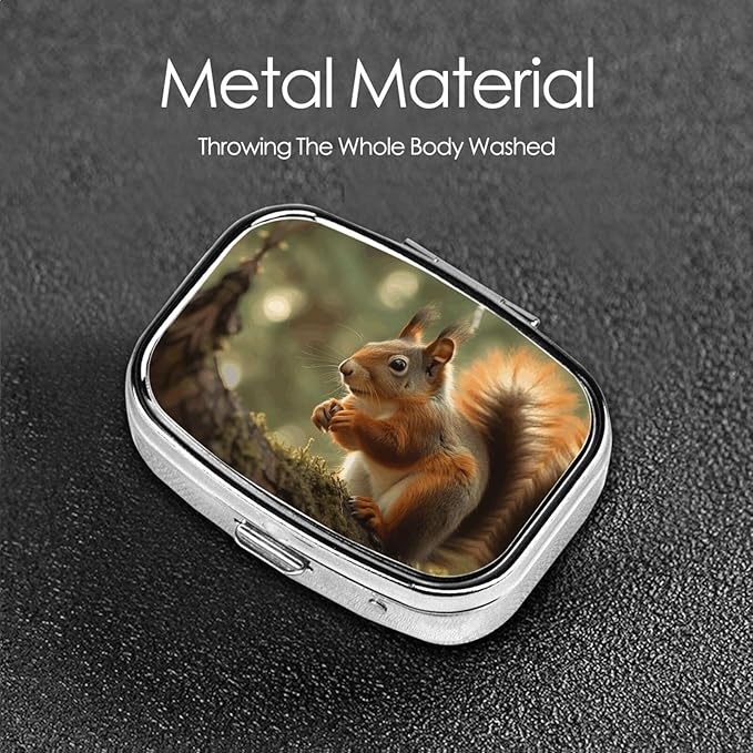 Square Pill Box 2 Compartment Medicine Pill Case Wildlife Forest Squirrel Pill Box for Purse Pocket Waterproof Metal Pill Container Portable Pill Holder Mini Pill Organizer for Travel or Daily