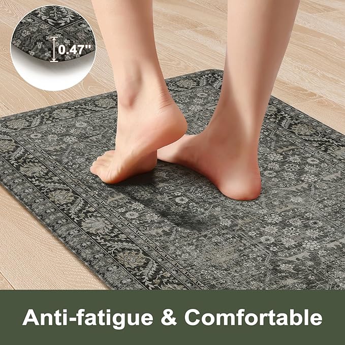 KIMODE Anti Fatigue Kitchen Mats for Floor, 20"x71" Boho Oriental Kitchen Rug, Non Slip Waterproof Kitchen Floor Mats, Memory Foam Kitchen Mat for Sink Laundry Office Desk Green/Grey