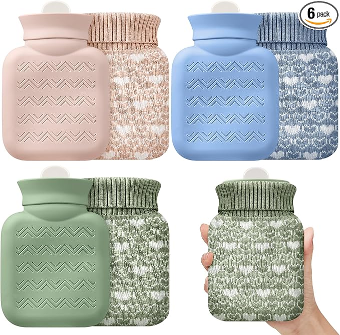 Amylove 3 Pcs Mini Hot Water Bottle for Hot & Cold Compress with Cover 320ml Silicone Microwave Heating Bottles Small Water Bag for Travel Holiday Gift(Beige, Green, Blue,Heart Print)