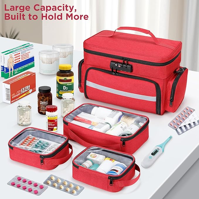 Zannaki Medicine Bag with 3 Removable Pouches, First Aid Bags Empty with Combination Lock, Double Layers Pill Bottle Organizer with Shoulder Strap, Large Medication Travel Storage for Medical Supplies