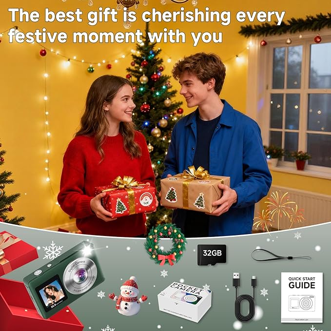 Digital Camera, 56MP 2.7K Dual-Screen Selfie Camera with 16X Zoom, 20 Filters & Anti-Shake, Portable Point and Shoot Digital Cameras with 32GB Card, Compact Travel Cameras for Beginners Teens Kids