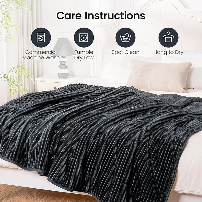Sherpa Fleece Adult Weighted Blanket with Ribbed Stripes, 15 Pounds Dual Sided Soft Plush Blanket for Couch Bed Sofa, Heavy Thick Blankets with Glass Beads Great for Sleep, Dark Grey, 48" x 72"
