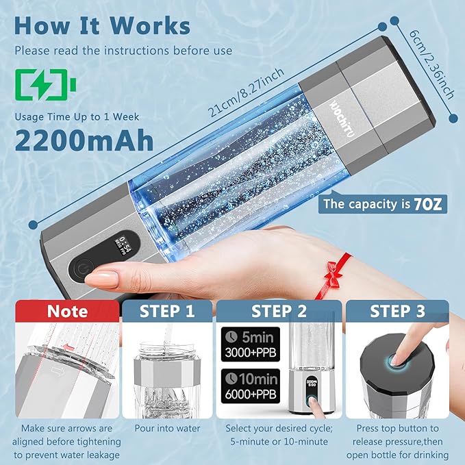 WochiTV Hydrogen Water Bottle Generator, 6400PPB High Concentration Portable Hydrogen Water Machine with SPE/PEM Tech & LED Display, 7oz Leak-Proof BPA-Free Bottle for Gym, Travel, Gifts DARK GRAY