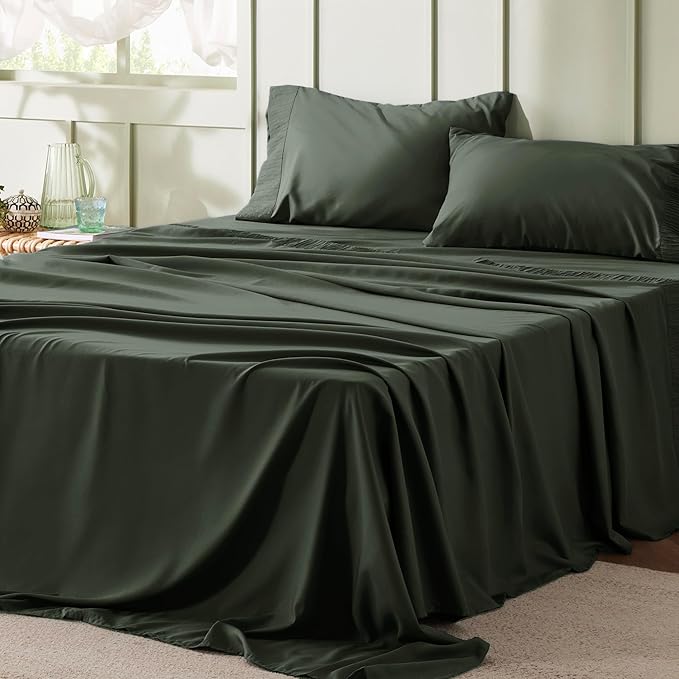 Bedsure King Size Sheets Set - 4 Pieces Soft King Sheets - Breathable & Cooling - Hotel Luxury - Easy Care Polyester Microfiber Bedding for Women, Men, Olive Green