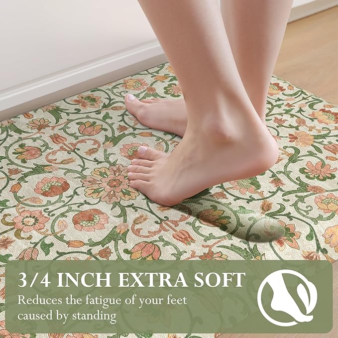 KIMODE Padded Kitchen Floor Mats Cushioned Anti Fatigue,3/4 Inch Comfort Memory Foam Ergonomic Standing Carpet for Office Desk,Boho Vintage Sink Rug Non Slip for Laundry,Green/Orange