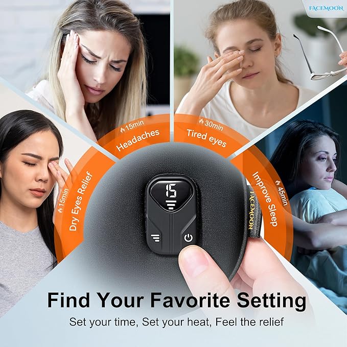 FACEMOON Heated Eye Mask for Dry Eyes: Electric Warm Compress for Blepharitis Stye Tired Eyes - Cordless Heat Relief Heating - Stable Temp 1500 Mah Rechargeable Washable Black