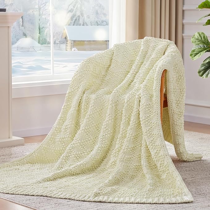 Knitted Weighted Blanket for Adult, Chunky Knit Weighted Throw for Sleep 60"*80" 17lbs, Cooling Breathable Machine Washable Heavy Blanket for Room Decor (Cream White, Queen)