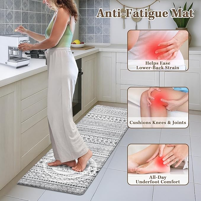 Arttown Moroccan Anti Fatigue Mats for Kitchen Floor, Boho Kitchen Mats Cushioned Anti Fatigue Rug, Waterproof Non-Slip Washable Kitchen Rugs - Grey