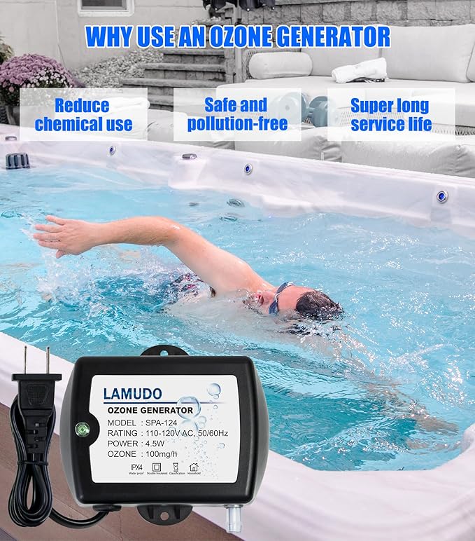 Ozone Generator for Hot Tubs and Cold Plunge, 100 mg/h, Upgraded SPA-124 Spa Ozonator Kit for Swim Spas, Portable Mini Ozone Machine with Check Valve and Tubes, 110-120V AC(NEMA 1-15 Plug)