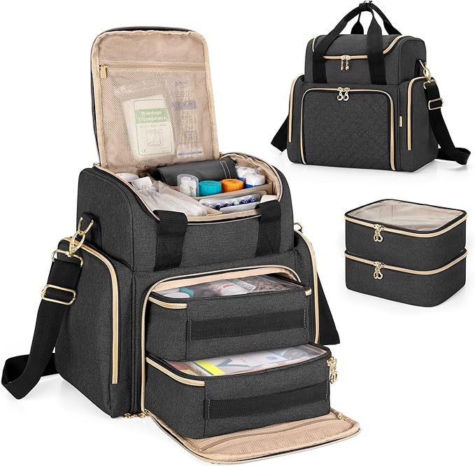 LUXJA Large Medicine Bag with 2 Removable Cases, Medicine Storage Bag with Multiple Storage Sections (Suitable for Travel or Home), Black