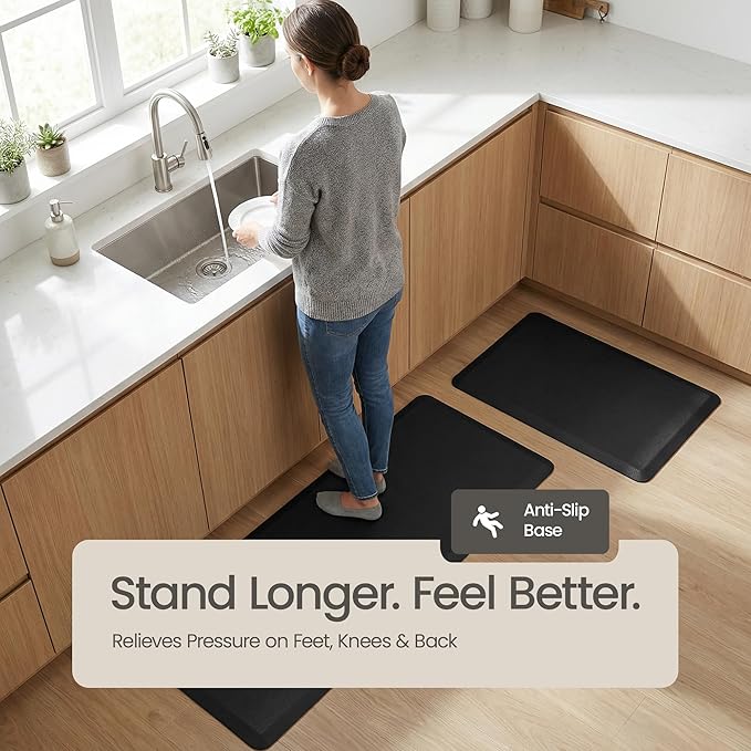 Anti Fatigue Kitchen Mats for Floor | Padded Kitchen Rugs | Non Slip, Cushioned Standing Desk Mat | Waterproof Floor Mat | 17.3" x 28" x 0.47" & 17.3" x 47.2" x 0.47", Black, 2-Pack | More Décor