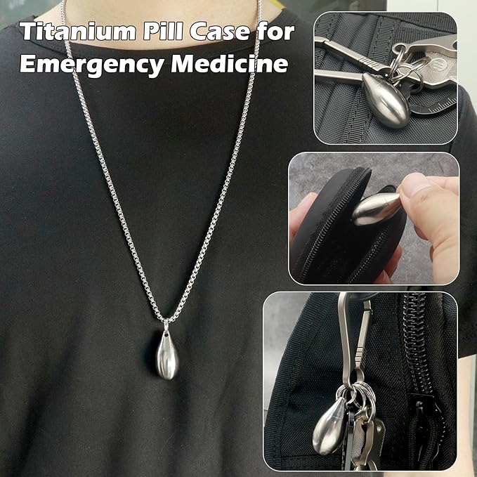Pill Holder Necklace Nitro Pill Case Titanium Pill Container Necklace for Men Women Christmas Gifts Stocking Stuffers Waterproof Pill Holder Emergency Aspirin Small Pill Box W/Chain Tiny Fob