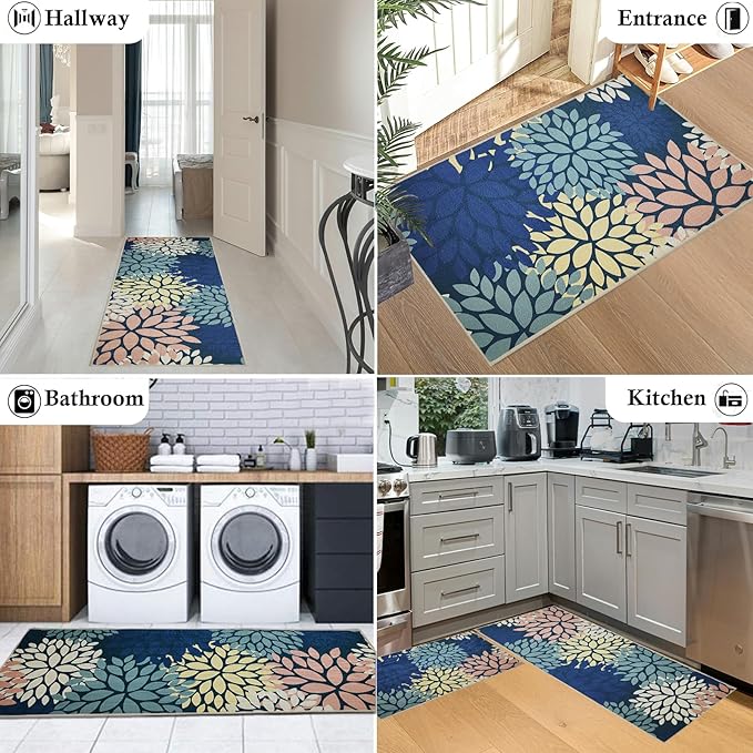 Blue Kitchen Mat Set of 2, Non Slip Boho Kitchen Rug for Floor,Farmhouse Outdoor Doormats Linen Runner Rug Washable Standing Mats for Entryway,Laundry,Office,Hallway 17"x47"+17"x30"
