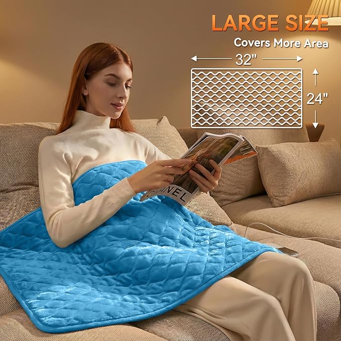 King Size Heating Pad for Back Pain 32"x24" Extra Large Electric Heating Pad for Period Cramps Relief & Body Neck Shoulder Auto Shut Off Heat Pad Temperature Settings Machine Washable Blue