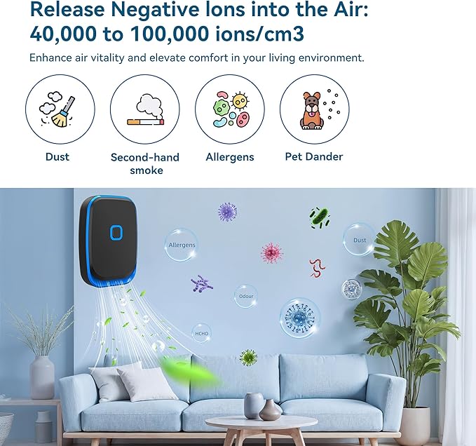 Plug In Air Ionizers for Home, 4 Pack Negative Ion for Bedroom, Study, Office, Gym, Hotel, Kitchen, Mini Air Cleaner，Air Purifier For Pet Odor, Kitchen Odor, Dust, Smoke Smell Portable, Black