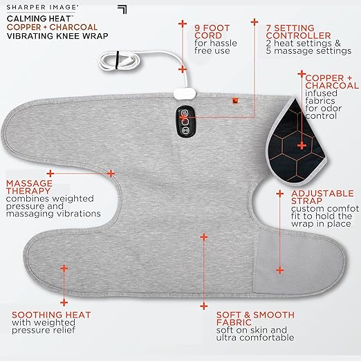 Calming Heat Knee Wrap by Sharper Image | Weighted Copper & Charcoal, Heating Pad, Auto Shut-Off Feature, Gift for Holidays, Women & Men | 2 Heat & 5 Vibrating Massage Settings, 30.3” x 16.5”